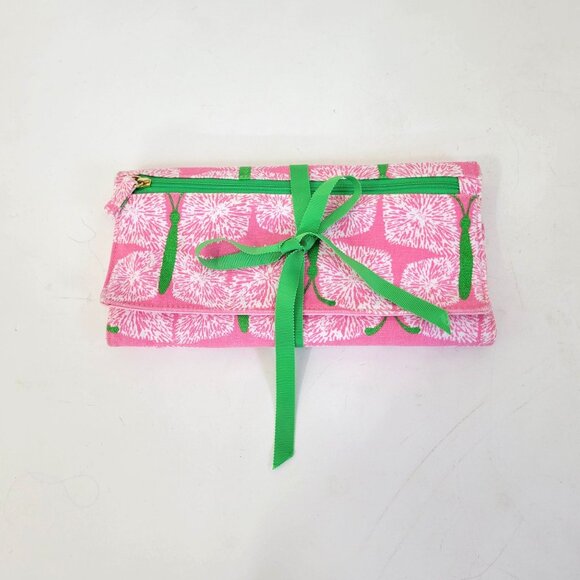 Lilly Pulitzer Handbags - Lilly Pulitzer Pink & Green Travel Jewelry Roll Case With Zippered Pockets